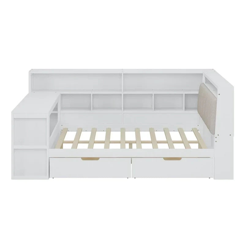 L-förmiges Holz-Sofa-Tagesbett mit Schreibtisch, Bücherregal-Schrank, Eckbett mit Schubladen unter dem Bett, gepolstertem Kopfteil und integrierter Beleuchtung