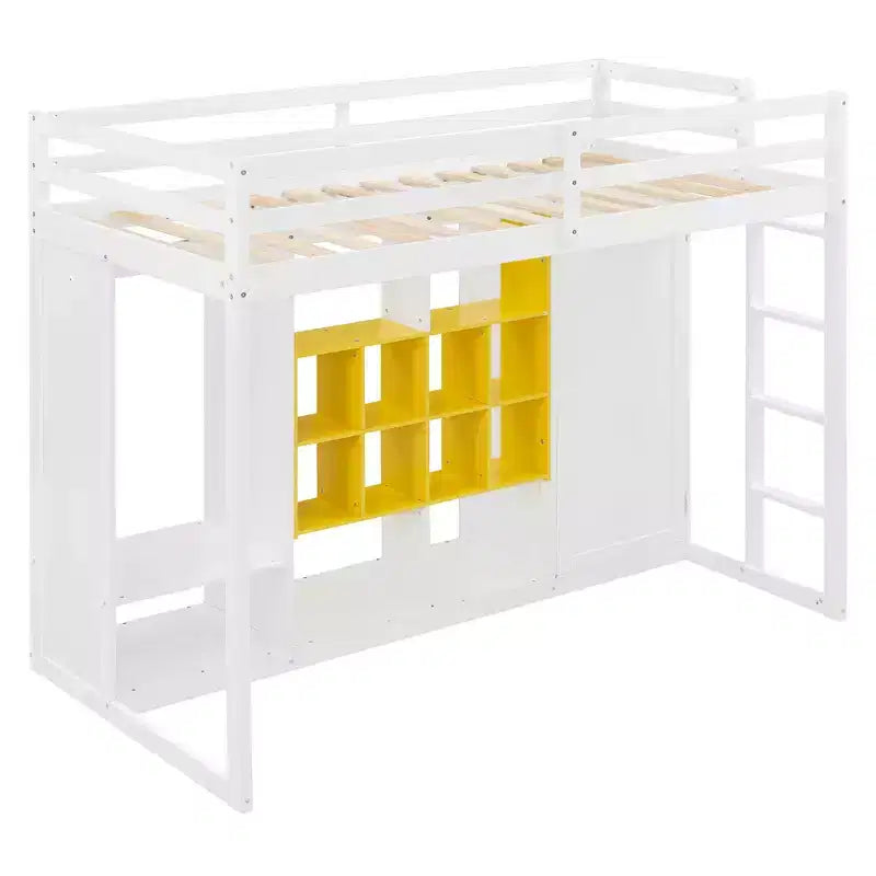 Letto a soppalco per bambini con armadio e mensole, struttura letto a soppalco in legno con mobile contenitore per bambini e ragazzi