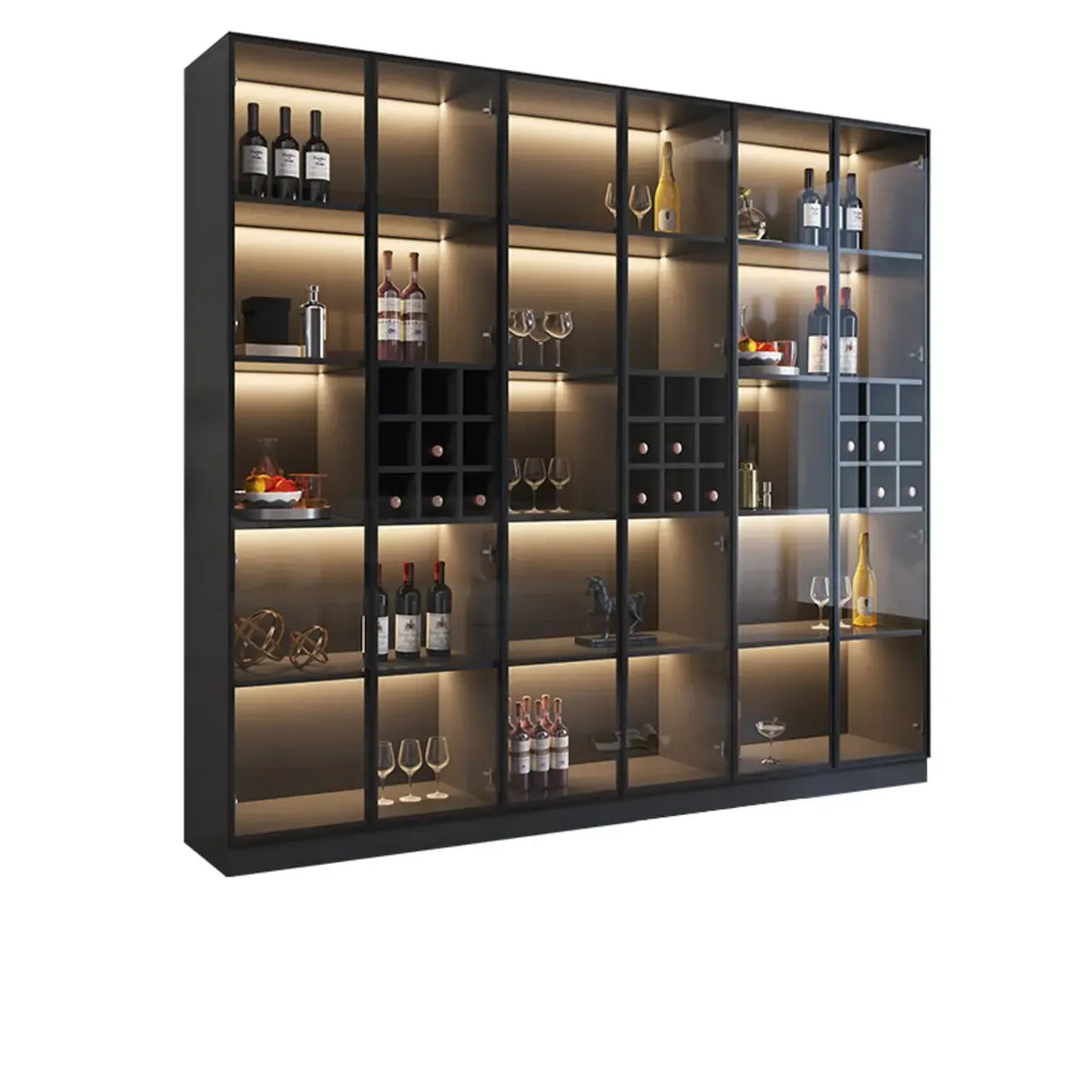Minimalistischer schwarzer Weinschrank aus Holz mit Glastür