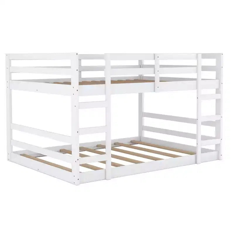 Low Bunk Bed , Wooden Floor Bunk Bed with Ladder, Bunk Bed with Full Guardrails