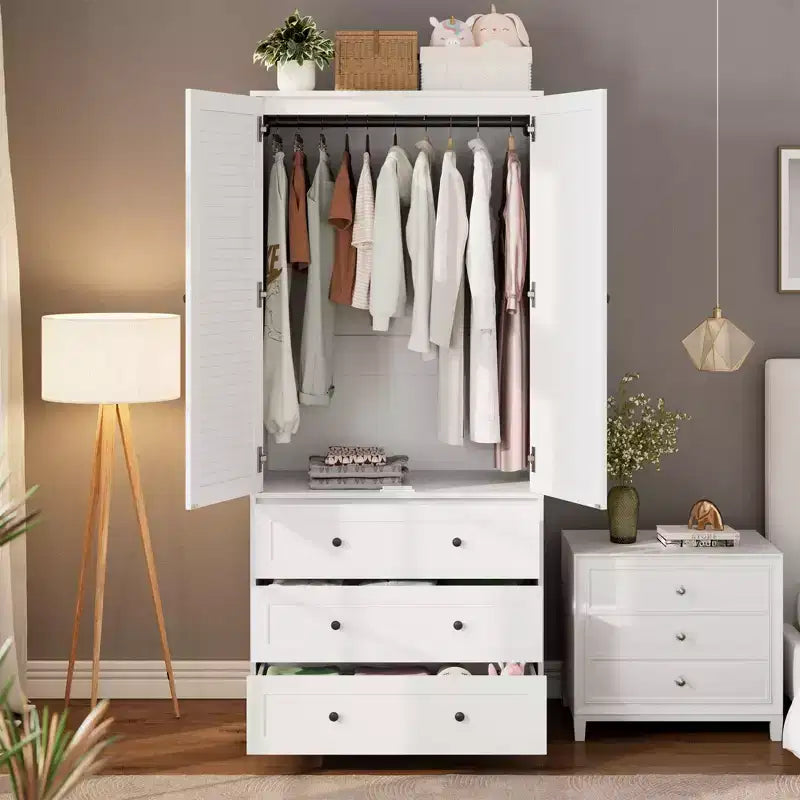 Armoire-penderie COZONY avec 3 tiroirs et 2 portes, meuble de rangement moderne en bois pour chambre, grande armoire blanche sur pied