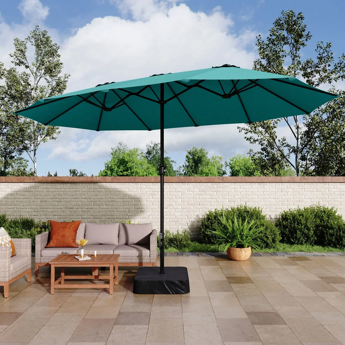 MAISON ARTS dubbele parasol voor terras, 15 ft, extra groot, tweepersoons, inclusief voet