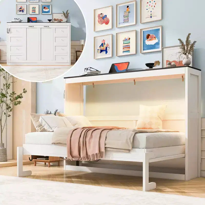 Murphy-bed in eenpersoonsformaat met ledverlichting, kan worden ingeklapt tot een kast, verborgen wandbedkast voor de logeerkamer