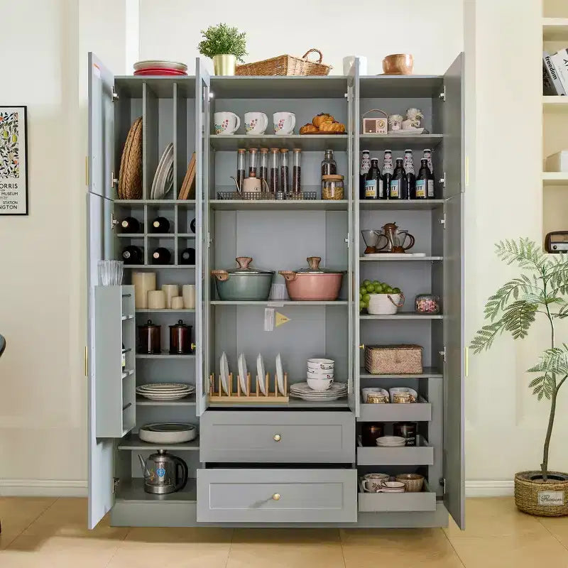 Dispensa da cucina indipendente Whisen alta 71'', grande mobile contenitore per sala da pranzo con credenza e buffet a 6 ante, ripiani regolabili