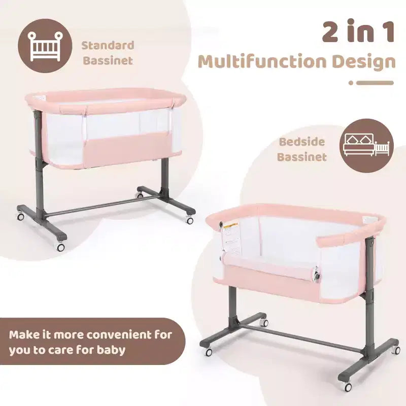 Babywiegje met wielen – beige / grijs / roze, wiegje naast het bed, voor 1 baby