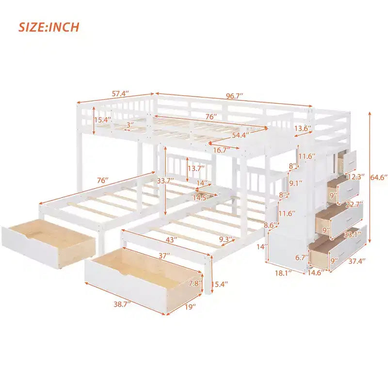 Whisen Full Over Twin & Twin Bunk Bed, Wood Triple Bunk Bed with Drawers and Guardrails
