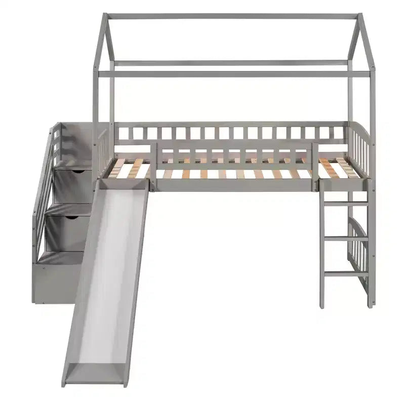 Twin House Loft Bed with Slide and Stairs, Loft Bed with Storage Drawers, Wood Cabin Loft Bed for Kids Toddlers