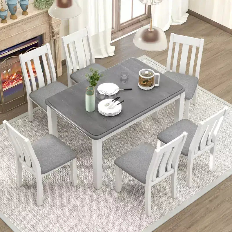 Ensemble de table à manger extensible de style champêtre pour 6 personnes, table rectangulaire et 6 chaises rembourrées