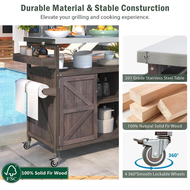 Isla de cocina para exteriores, carrito de bar con ruedas y gabinete de almacenamiento, mesa para parrilla de madera maciza con superficie de acero inoxidable, especiero y toallero