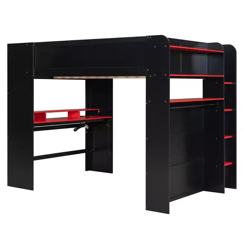 Letto a soppalco Luxystar matrimoniale con scrivania regolabile illuminata, guardaroba aperto e libreria