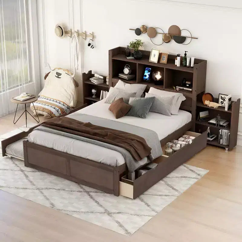 Eenpersoons platformbed met opbergruimte, uitschuifbed, boekenkasthoofdbord en oplaadstation, houten bedframe met planken en laden