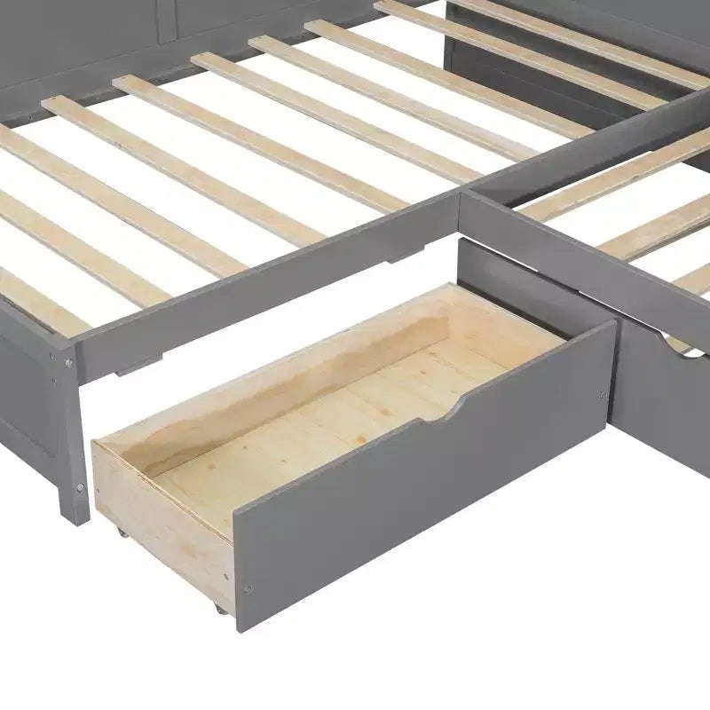 L-förmiges Plattformbett in Twin-Größe mit Ausziehbett und Ladestation, Holzbettrahmen mit Bücherregal