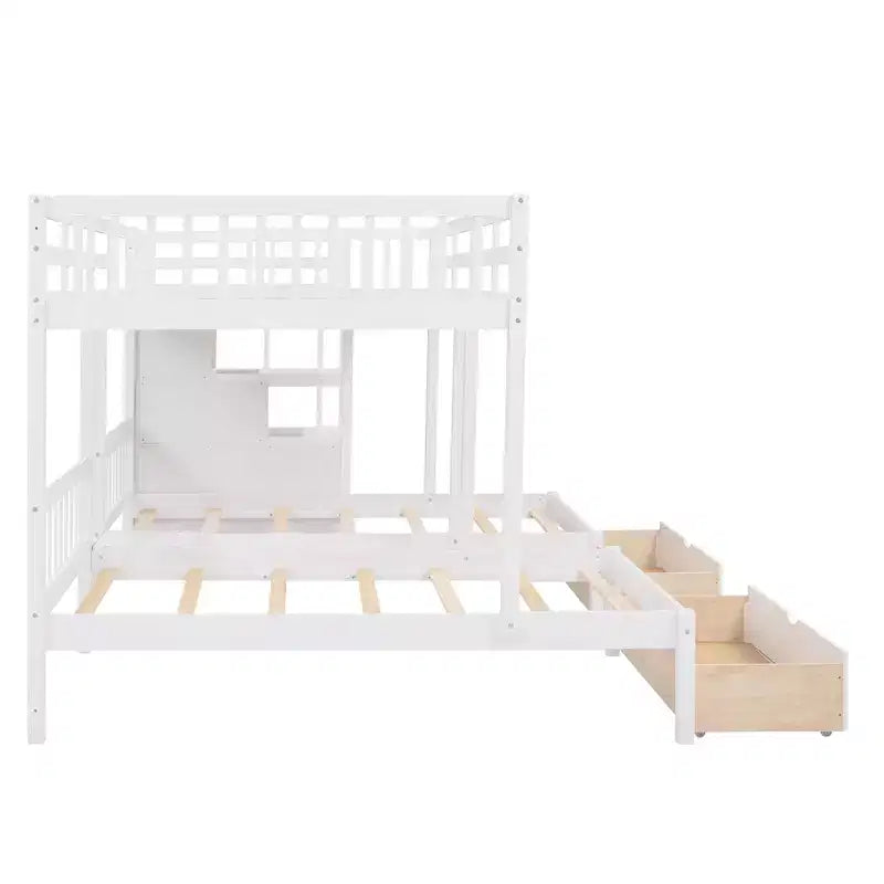 Whisen Full Over Twin & Twin Bunk Bed, Wood Triple Bunk Bed with Drawers and Guardrails