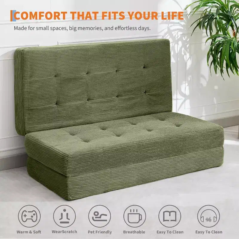 SunnyFurn 15,2 cm dreifach faltbares Matratzen-Sofa-Bett, 190,5 x 138 cm großes faltbares Schaumstoff-Gästebett mit Cordbezug und Knopfsteppung, tragbar für Camping, Wohnzimmer und Schlafzimmer