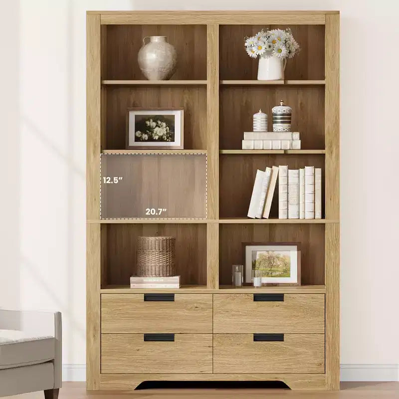 72 Tall Bookcase with 4 Drawers, Farmhouse Freestanding Storage Bookshelf for Bedroom, Living Room, Home Office