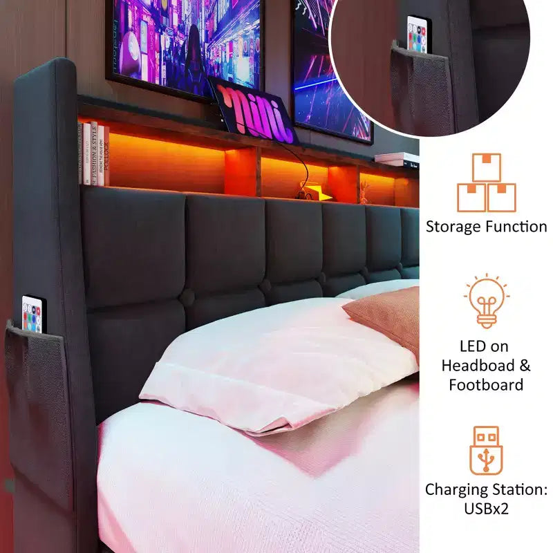 Lit deux places avec rangement hydraulique, LED et USB, tête de lit rembourrée, sans sommier tapissier, montage facile
