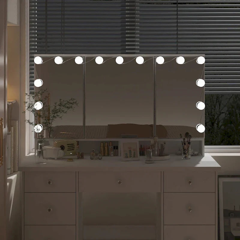 Luksusowa toaletka do makijażu LED z 9 szufladami, elegancka stacja do makijażu