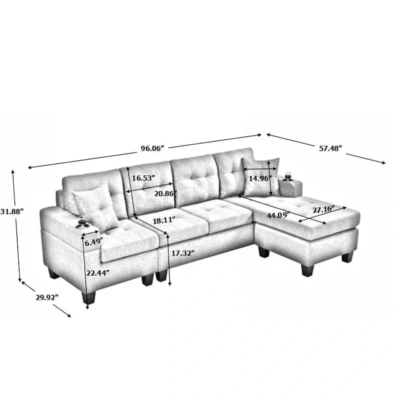 Modulaire hoekbank voor de woonkamer met L-vormige chaise longue en bekerhouder