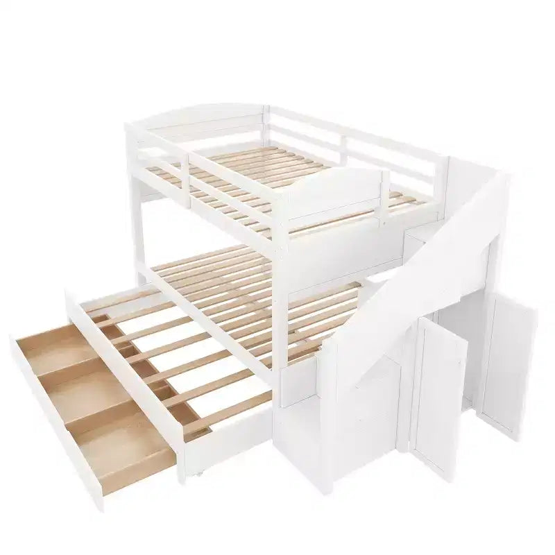 Whisen Twin XL Bunk Bed Frame with Trundle, Bunk Bed with Storage, Bunk Bed with Solid Wood, Storage Staircase, Wardrobe, 3Drawer, for Kids