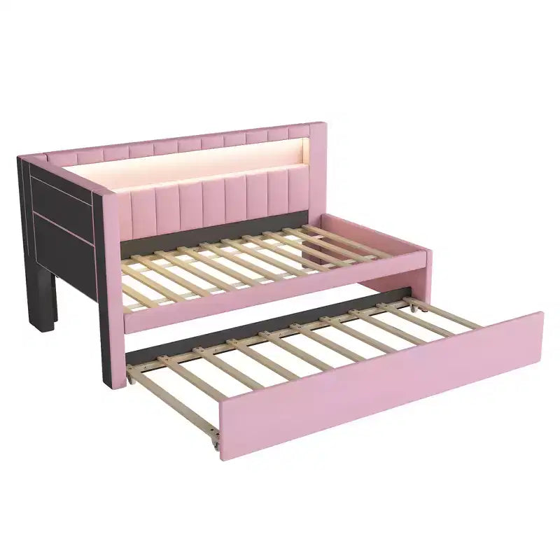 Daybed in Twin-/Full-Größe mit Ausziehbett und L-förmigem Bücherregal-Kopfteil, weiches Eckbett mit Leinenpolsterung, Ablagefächern und LED-Band