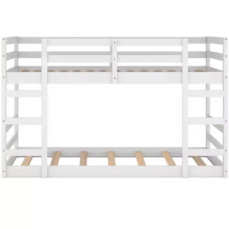 Low Bunk Bed , Wooden Floor Bunk Bed with Ladder, Bunk Bed with Full Guardrails