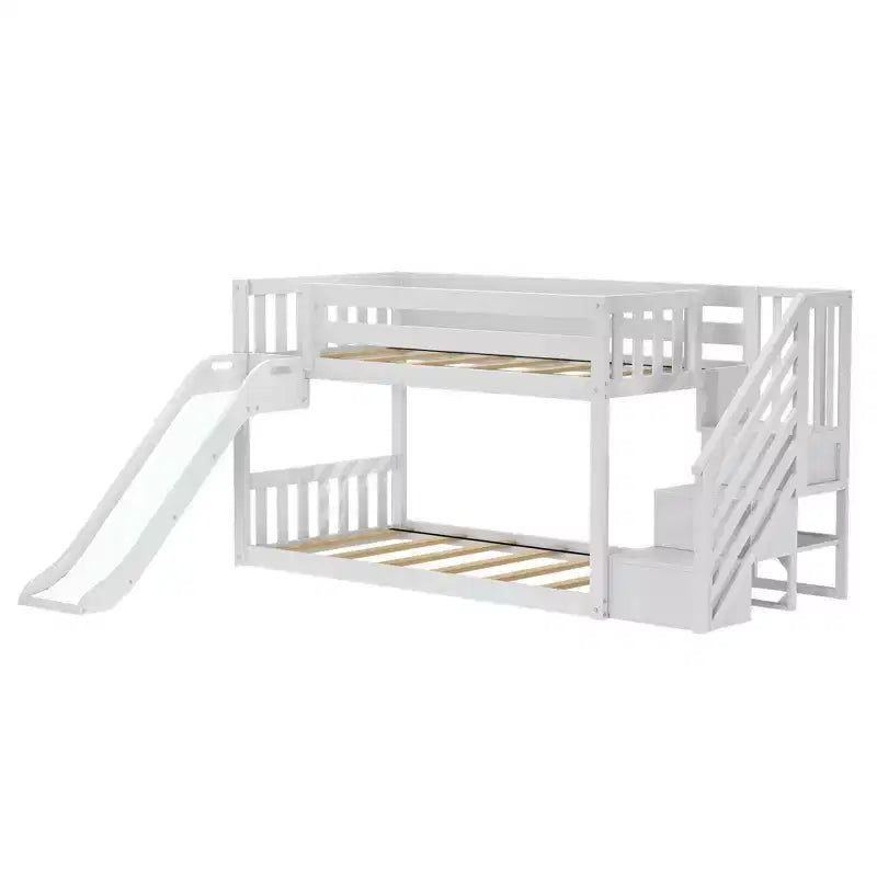 Low Twin over Twin Bunk With Stairs, Easy Slide & Firetruck Curtain
