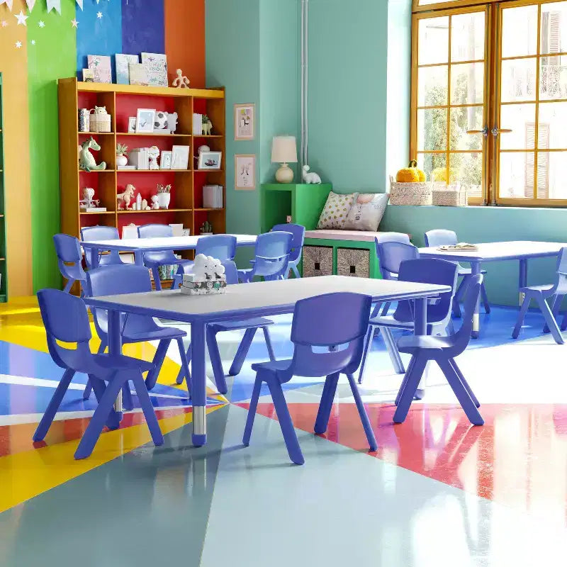 Emma and Oliver rechthoekige kunststof activiteitentafelset van 23,625W x 47,25L met verstelbare hoogte en 6 stoelen