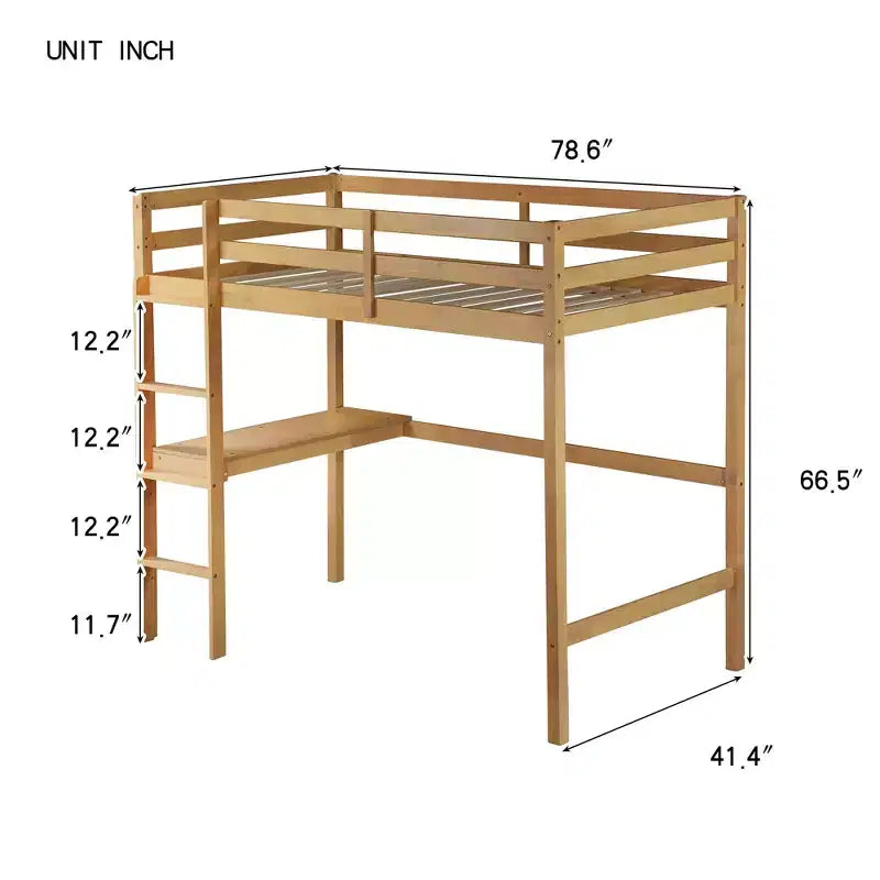 Okak Minimalism Loft Bed with Ladder, Rubber Wood Twin Loft Bed with Safety Guardrail and Build-In Desk, Bed Frames for Kids, Teenagers