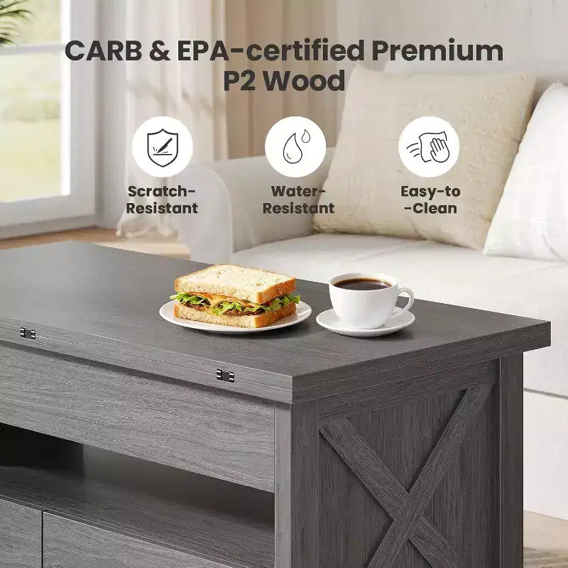 Table basse relevable avec espace de rangement, style ferme, avec deux tiroirs, pour le salon et le bureau à domicile