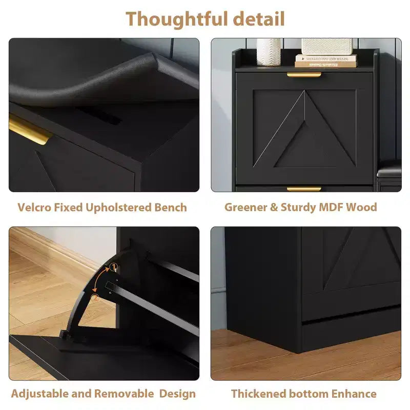 Farmhouse Shoe Cabinet with Bench, 4 Flip Drawers Entryway Shoe Storage Organizer with Comfort Cushioned Seat, Freestanding Shoe Rack Bench