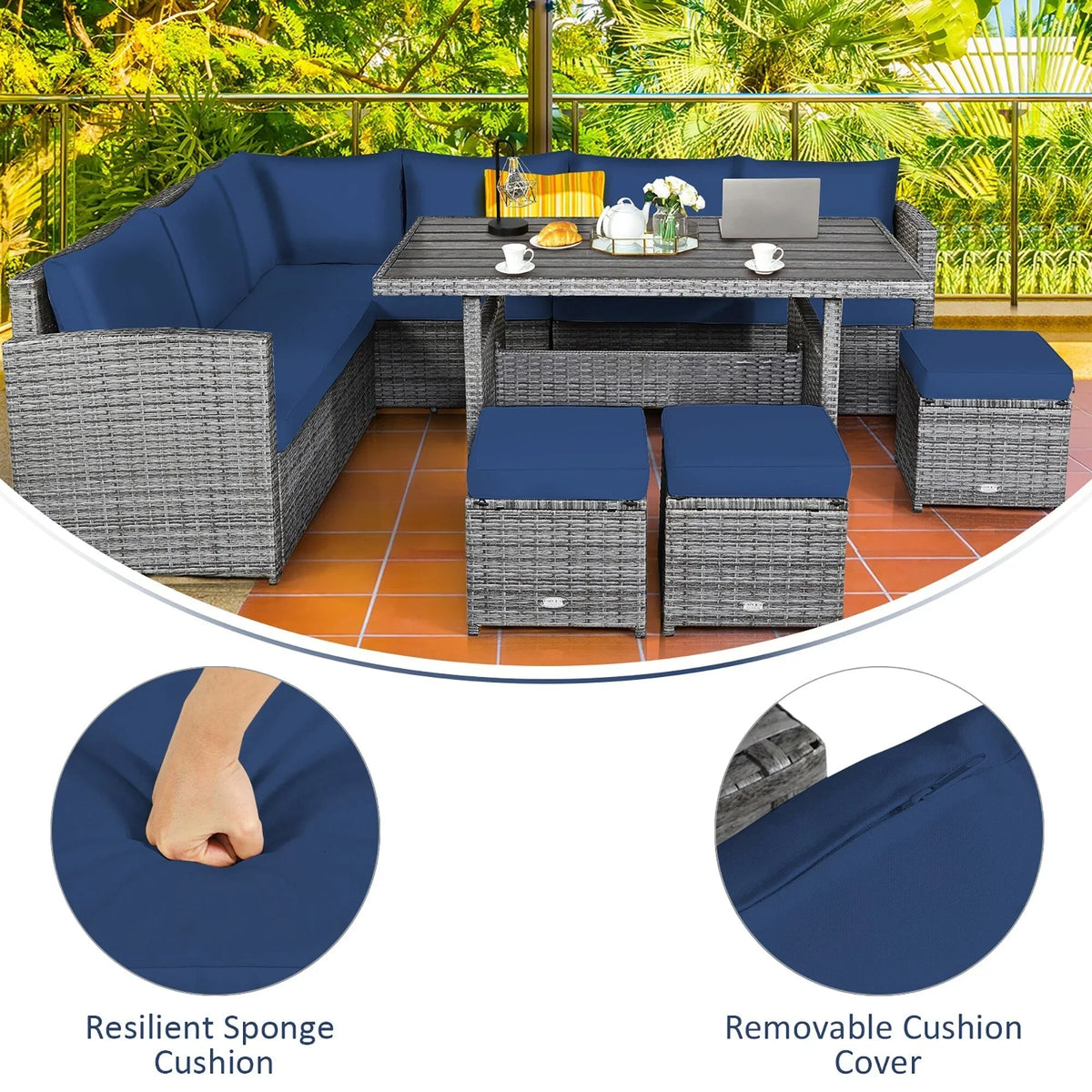 Costway 7-delige eethoek voor de patio van rotan, modulaire bank, fauteuil en voetenbank - Bekijk de details