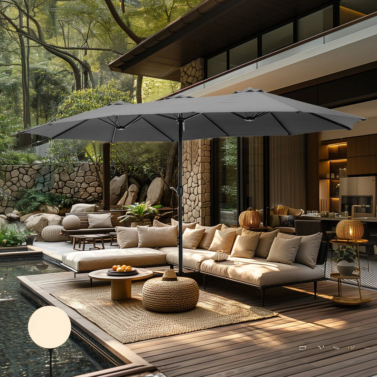 MAISON ARTS dubbele parasol voor terras, 15 ft, extra groot, tweepersoons, inclusief voet