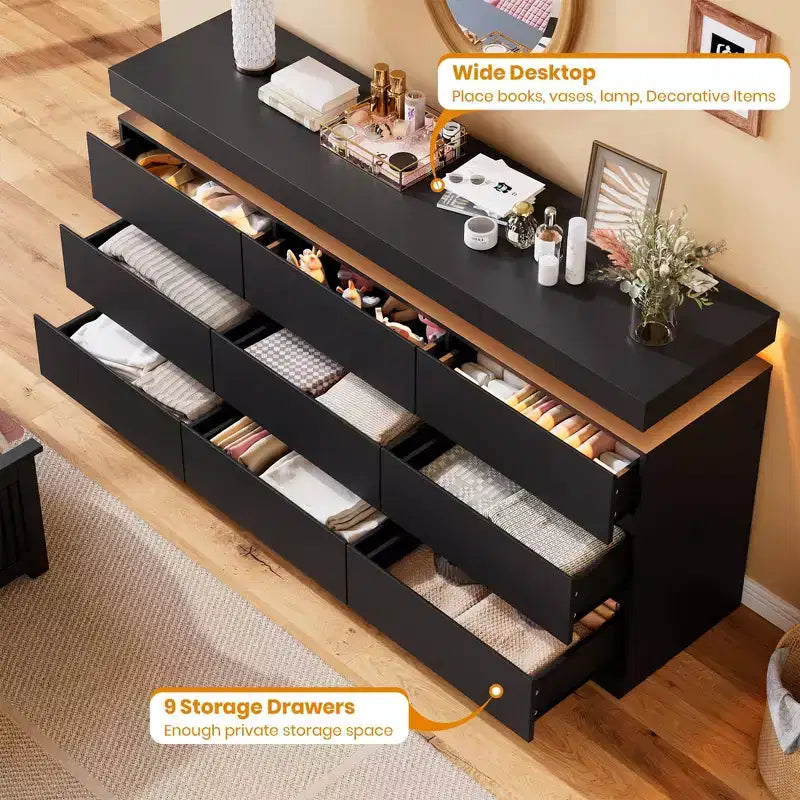 Kommode mit 9 Schubladen fürs Schlafzimmer, Schubladenschrank mit Ladestation und LED-Leuchten, doppelter Holzschrank zur Aufbewahrung, moderne Kommode und TV-Ständer