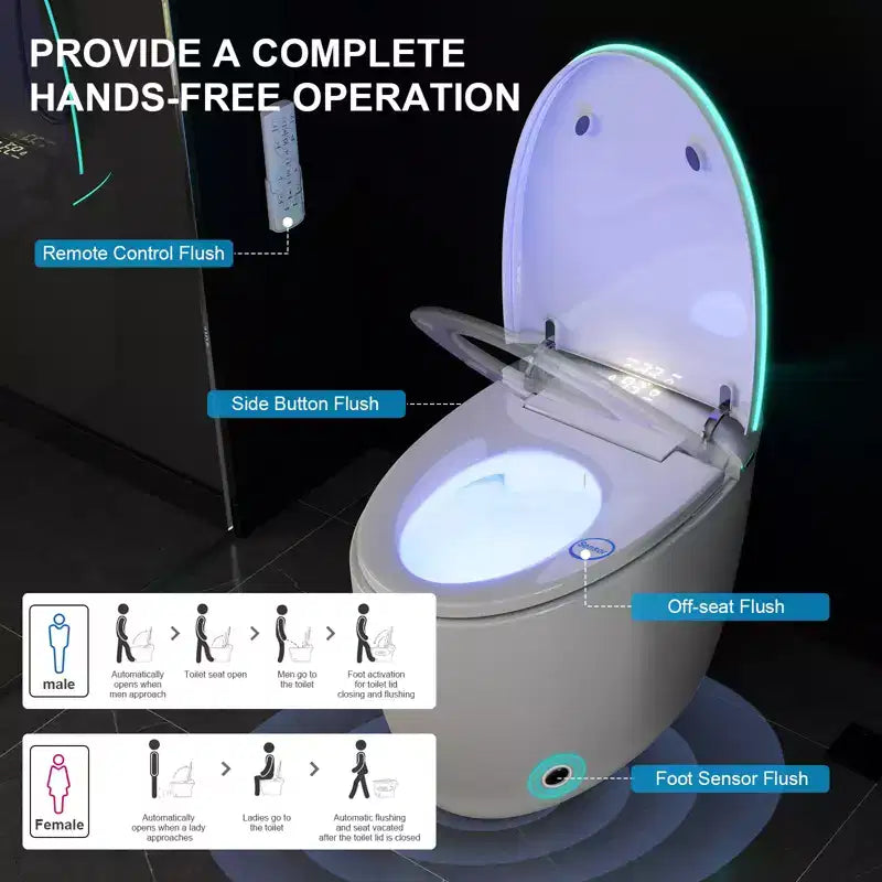Smart Bidet Toilet with Auto Open/Close Lid & Seat, Foot Sensor Flush, Tankless One Piece Elongated, Heated Seat