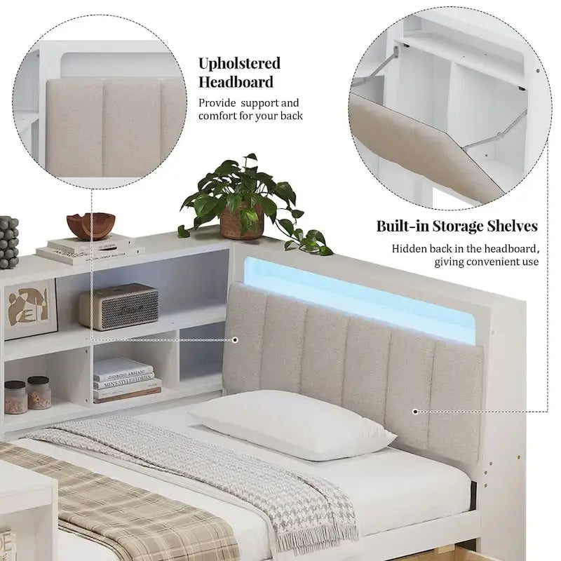 L-förmiges Holz-Sofa-Tagesbett mit Schreibtisch, Bücherregal-Schrank, Eckbett mit Schubladen unter dem Bett, gepolstertem Kopfteil und integrierter Beleuchtung