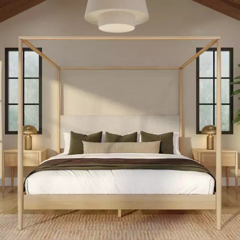 Letto king-size a baldacchino Harbor con testiera imbottita, biondo/Caffè svizzero (MD2411-01)