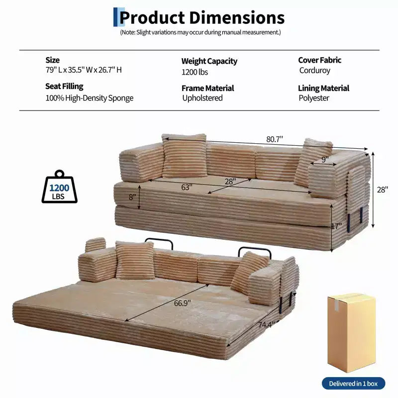 Sofá cama convertible 5 en 1 de 80,7, de pana, soporta 1200 lb, sin ensamblaje