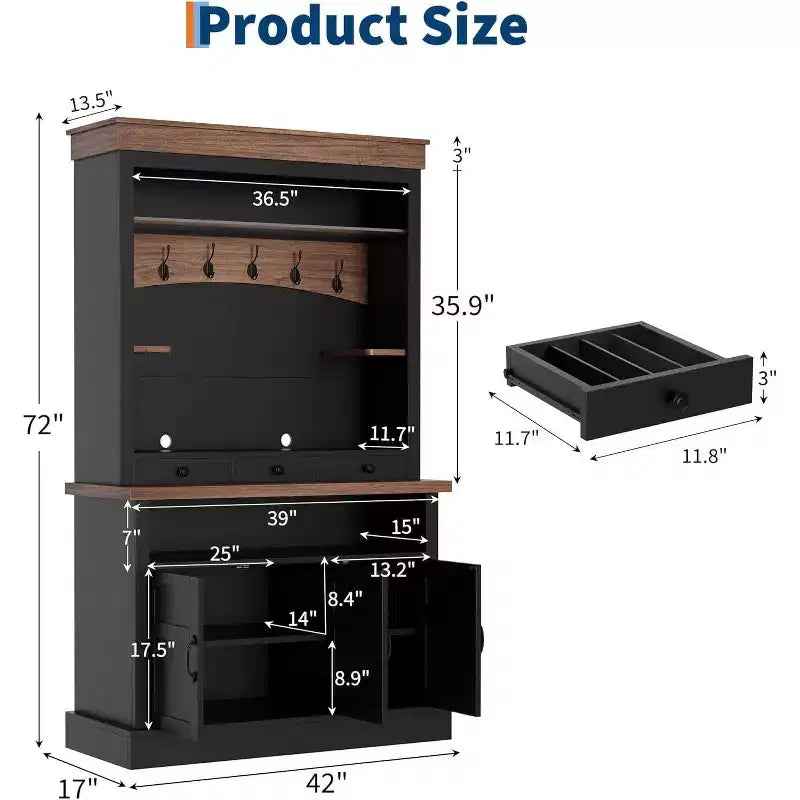 183 cm hoher Kaffeebarschrank im Landhausstil mit LED-Beleuchtung, Küchenbuffet mit Türen und Schublade, verstellbaren Regalböden und geräumigem Stauraum