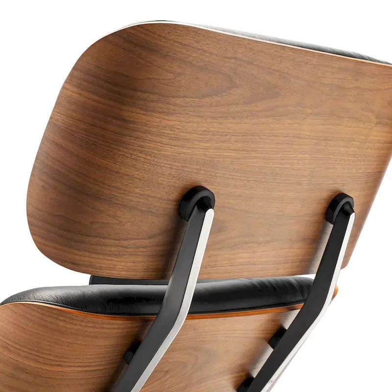 Fauteuil d’appoint et pouf Furgle en cuir véritable, bois de noyer