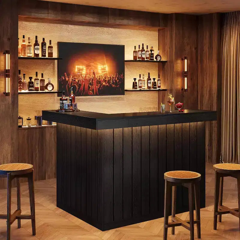 Lantine L-vormige thuisbar, hoekbar met 4 niveaus, dranktafel met opbergplanken en wijnglashouder voor de thuisbar