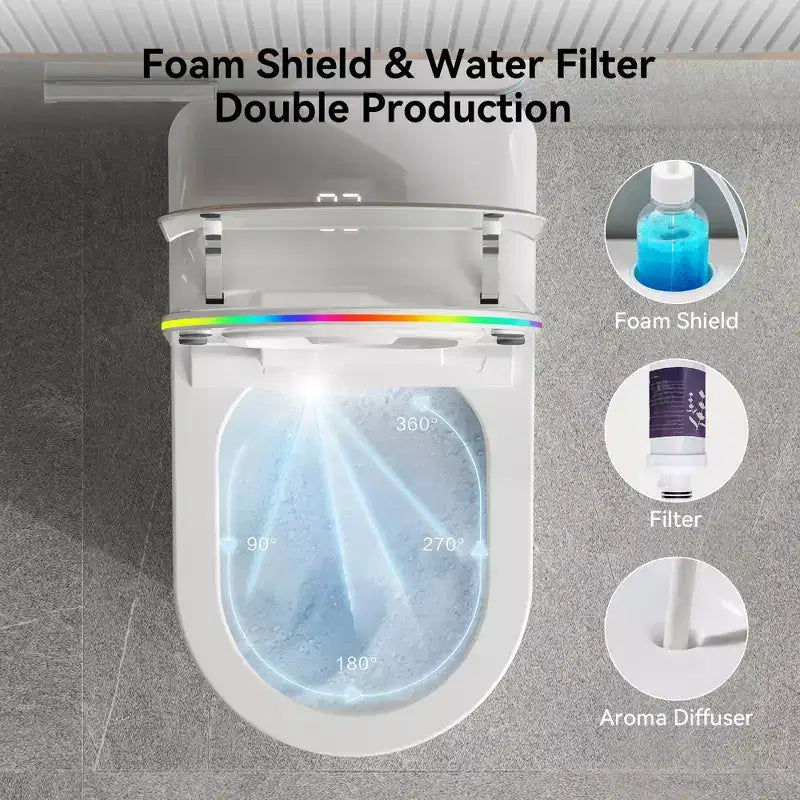 Dyonery Smart Toilet, Tankless One-Piece with Foam Shield, Auto Open/Close Lid, Heated Bidet & Dryer, LED Night Light, Auto Flush