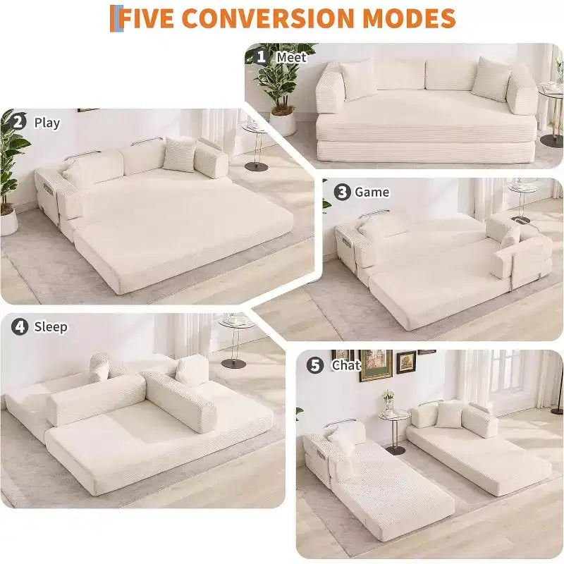 5-in-1-Schlafsofa, 78,8 Zoll, modulares Corduroy-Schlafsofa mit stabilem Rahmen, vielseitiger Futon für kleine Räume, Wohnzimmer und Gästezimmer