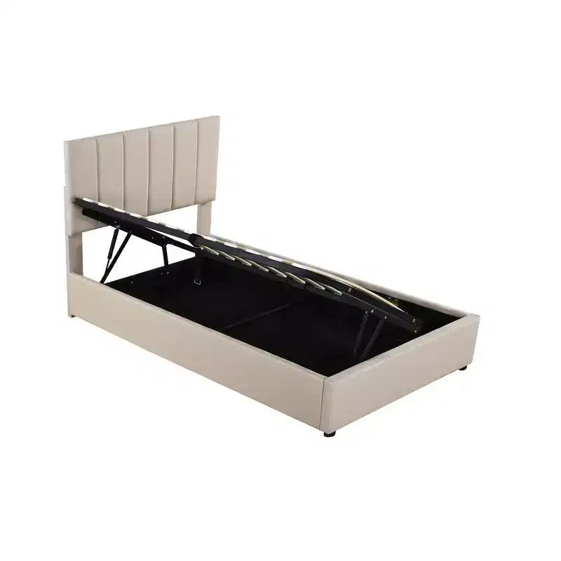 Bellemave eenpersoonsbed met opklapbare opbergruimte, gestoffeerd platformbed met hydraulisch opslagsysteem, hoofdbord met verticale strepen, beige