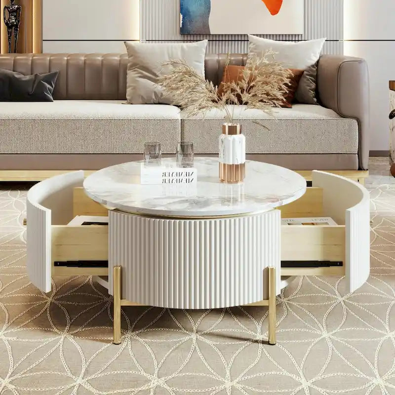 31.5 Modern Round Coffee Table with Large Drawer Storage