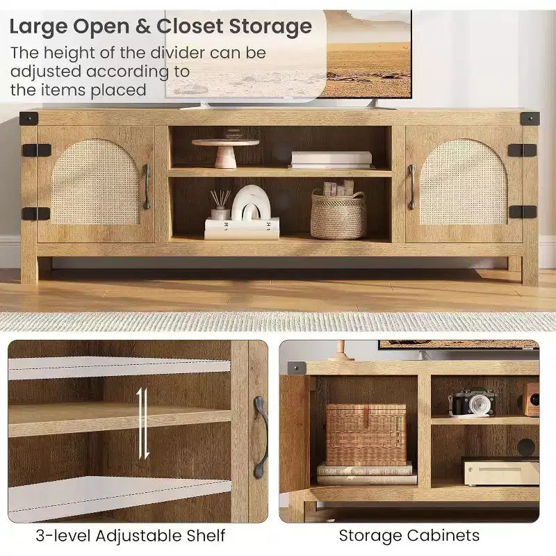 165 cm breiter TV-Schrank im Boho-Stil mit Flechttür – Unterhaltungsschrank aus Holz mit zwei Schränken und verstellbaren Einlegeböden, geeignet für Wohnzimmer