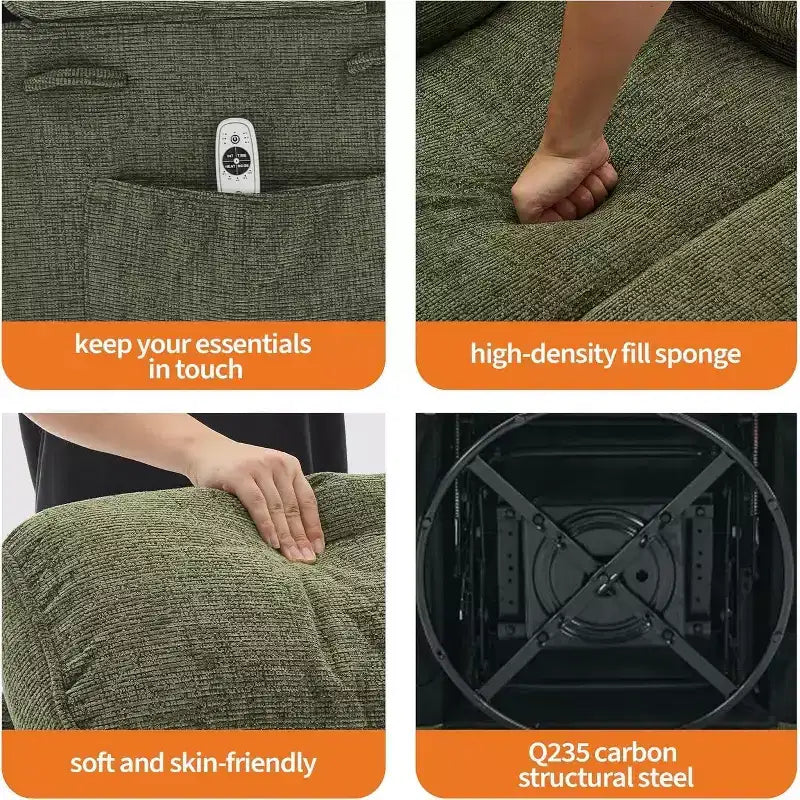 Massagesessel mit Wippfunktion und Wärme, um 360° drehbarer Gleitsessel für Erwachsene, Leinen-Sessel für das Kinderzimmer mit Seitentasche und zwei Getränkehaltern
