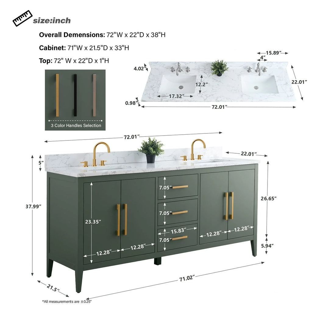 Vanity Art 72 badkamermeubel met dubbele wastafel en blad van composietmarmer