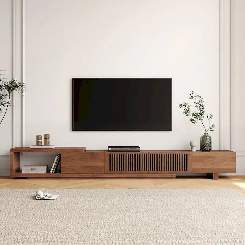 Meuble TV moderne rétractable et extensible avec 4 tiroirs, jusqu’à 103 pouces – 78.54P x 15.74L x 13.78H