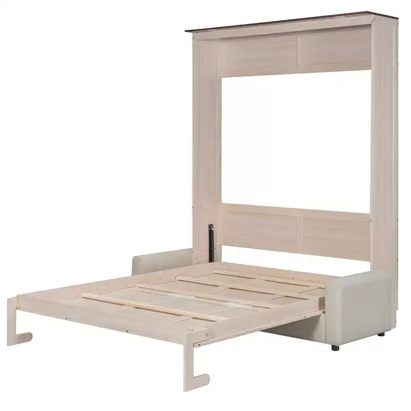 Murphy-bed in queensize met bank, houten kastbed in queensize met ledverlichting, opklapbaar wandbed voor de logeerkamer, beige