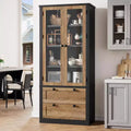 Farmhouse Kitchen Pantry Cabinet with Glass Doors, 72in Storage Cupboard with Drawers and Adjustable Shelves for Dining Room Bathroom Living Room